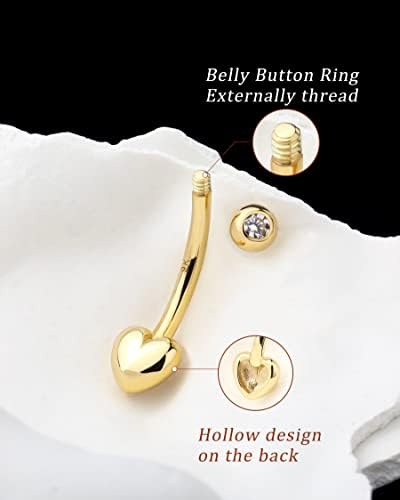 Melighting 9ct & 14ct Gold Heart Belly Button Ring 14G Belly Piercing Jewellery Navel Ring Gold Belly Bars Round CZ Navel Piercings Belly Jewelry Gift for her