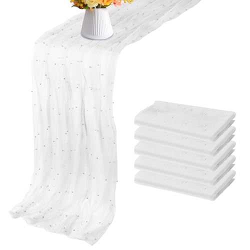 Set of 6 Pearl Table Runner 10ft, 29 * 120 Inch White Table Cloth Pearl Sheer Tulle Table Cover,Pearl Table Runner for Wedding Party Baby Shower Birthday Home Decor