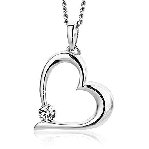 Orovi Colgante Corazón de Oro Blanco con Circonita Cúbica talla brillante, Oro9KT 375 auténtico, Suministrado con cadena de Plata de Ley 925, Collar de oro blanco para mujer. Cadena de plata Cm. 45.