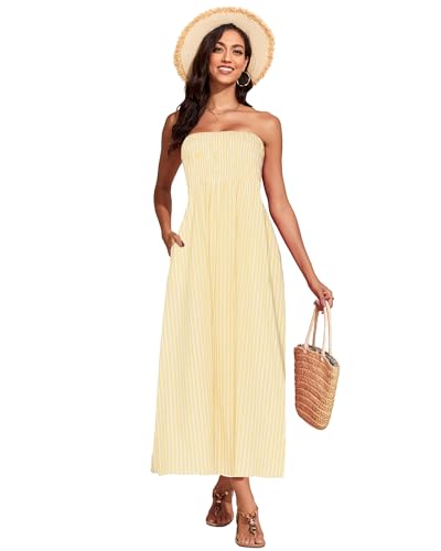 Image of Capuffy Women Strapless Boho Maxi Dress Sleeveless Tube A Line Summer Sundress with Pockets Flowy Swing Beach Dress 33