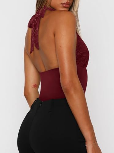 Summer Sexy Floral Lace Halter Deep V Neck Sleeveless Backless Trendy Going Out Corset Body Suits3