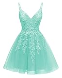 Beyonddress Tul Vestidos de noche para adolescentes Encaje Apliques Corto Vestido de Bola V-Cuello Mini Vestidos Cockatil, turquesa, 44