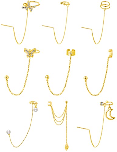 Fxiqini 9PCS Cuff Earrings Chain Butterfly Moon Small Hoop Wrap Leaf Tassel Ear Stud Long Chain Adjustable Ear Clip Drop Dangle Earrings for Women Girls