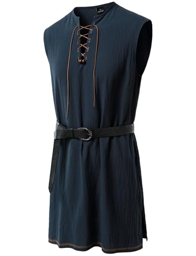 JEMITOP Mens Renaissance Pure Cotton Lace Up Tunic Costume Sleeveless Shirt Pirate Medieval Viking Vest Without Belt for Halloween Knight Vampire Wizard Navy Blue M