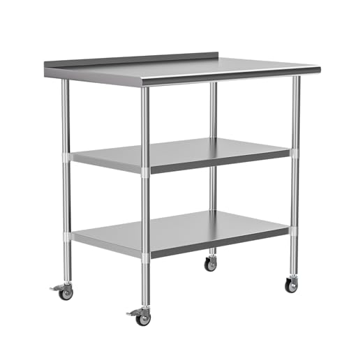 Chingoo Stainless Steel Table with Caster 24 x 36 Inches, Commercial Metal Prep Worktable with 2 Adjustable Undershelves & Backsplash for Kitchen, Garage, Restaurant