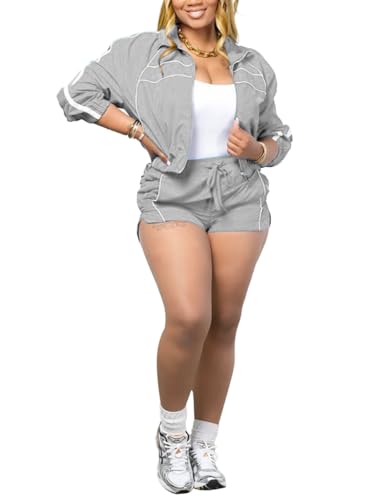 ZUAVIALA Windbreaker 2 Piece Outfits Long Sleeve Zip Up Jacket Top and Shorts Summer Matching Short Sets Tracksuits
