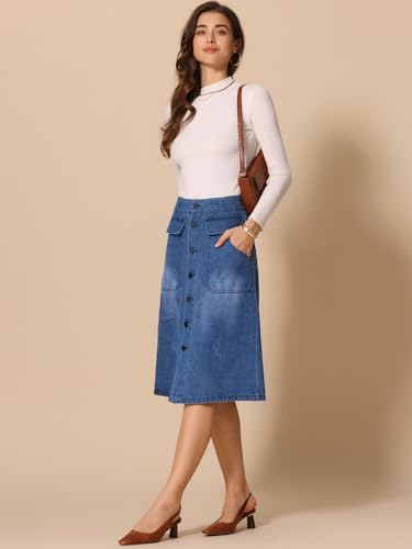 Allegra K Women's A-Line Midi Skirts Button Front High Waist Jean Denim Skirt2