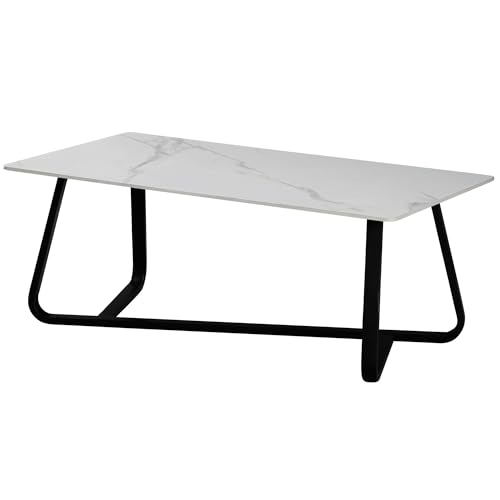 Casa Vital LORASTA - Mesa de centro de cerámica, 120 x 60 x 45 cm, muebles de comedor, mesa auxiliar, base de metal, carga máxima de 30 kg, tablero con esquinas redondeadas, color (blanco y dorado)