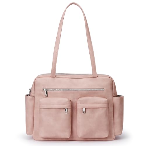 Image of KALIDI Tote Bag Vegan Leather Women Pocket Utility Bag Faux Leather Shoulder Travel Purse Vintage Handbag for Work