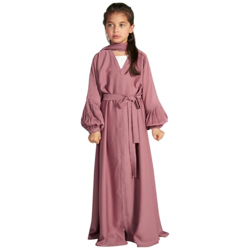 AWIBMK Girls Abayas Pleated layered Open Abaya Dubai Kaftan Prayer Dress with Belt Kids Islamic Muslim Cardigan Kimono Robe