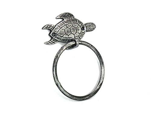 Hampton Nautical Silver Antique Towel Holder 7"-Sea Turtle Beach Decor-Cast Iron #TOP3