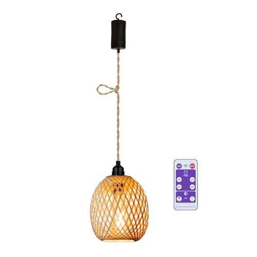 Boho Rattan Hängelampe mit Batterie Batteriebetriebene Lampe Bambus Korb Lampenschirm Deckenleuchte ohne Strom Stromanschluss Hanfseil Beleuchtung für Schlafzimmer Esstisch Weihnachten Deko