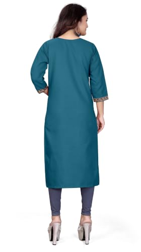 Image of Women A-line Cotton Blend Round Neck 3 /4 Sleeve Embroidered Kurti Only
