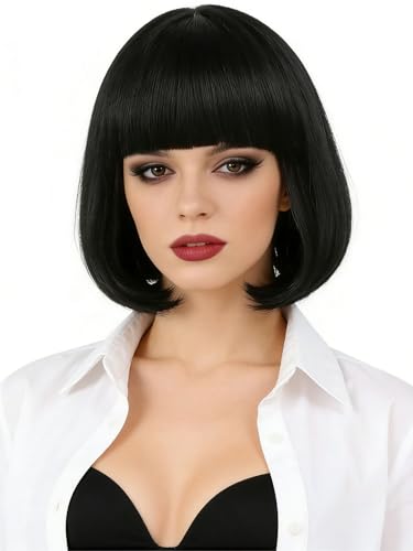 Tereshar Black Bob Wig with Bangs for Women Short Straight Heat Resistant Synthetic Bob Wigs for Daily Party Costume Cosplay Halloween or FunBlack