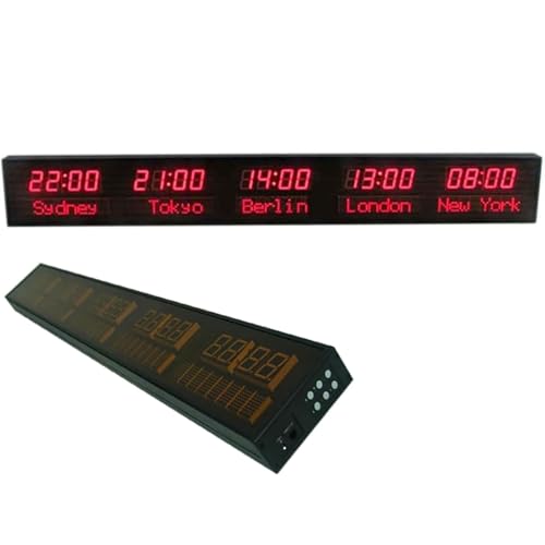 Reloj mundial digital con 5 zonas horarias, montado en la pared con ajuste de brillo de 3 niveles, fácil de operar para hoteles, aeropuertos y lugares de competencia