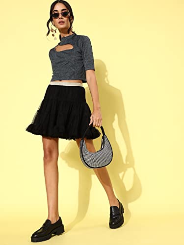 Image of Style Quotient Women Charcoal Grey Solid Cut-Out Detail Crop Top