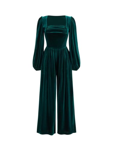 CIDER Jumpsuits For Women Velvet Ruched Wide Leg Jumpsuit Square Neck Long Sleeve Romper One Piece Outfits