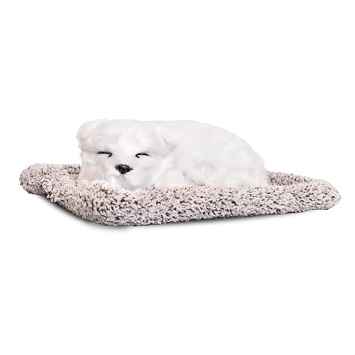 Image of Premium Sleeping Puppy Decor Plush with Mat | Realistic Soft Fur Dog Showpiece for Home, Office & Car Dashboard | Pet Lover Aesthetic Gift (25 x 19 x 7.5 cm) (Snow Dog)