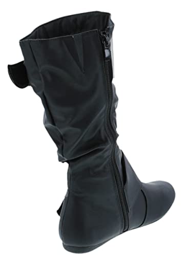 Image of Forever Link Women's Klein-70 Closed Round Toe Buckle Slouch Flat Heel Mid-Calf Boot
