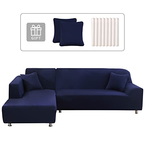 Lydevo Funda para Sofá Chaise Longue 2 Piezas Funda Cubre Sofá de Sofá Rinconera Forma de L Reversible con 2 Fundas de Almohada Elásticas Protector para Sofá Esquinero Derecho Izquierda,Azul Marino