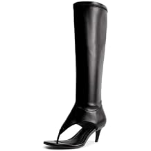 ZJGZF Black Thong Sandals for Women Kitten Heel Knee High Boots Open Toe Flip Flop High Heel Boots Gogo Boot