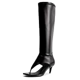 ZJGZF Black Thong Sandals for Women Kitten Heel Knee High Boots Open Toe Flip Flop High Heel Boots Gogo Boot