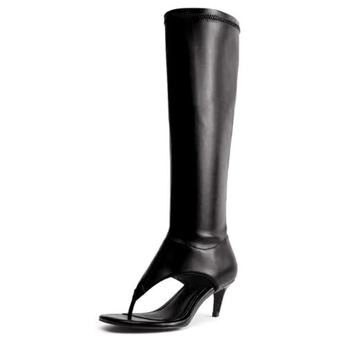 ZJGZF Black Thong Sandals for Women Kitten Heel Knee High Boots Open Toe Flip Flop High Heel Boots Gogo Boot