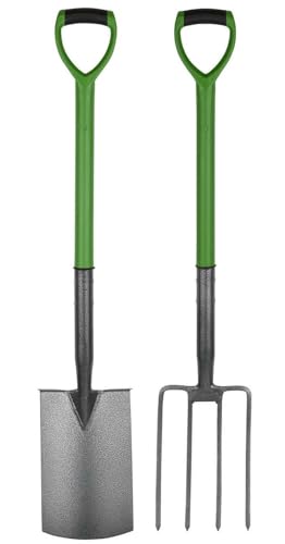 Unibos | Digging Garden Fork & Spade Set | Soft Grip D Handle Gardening Tools Set | Long Handled Carbon Steel Tools Pitchfork | For Gardeners Builder Industrial Work & Cultivation (Fork & Spade Set)
