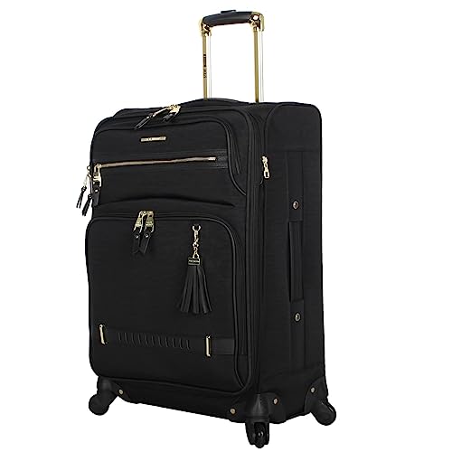 Steve Madden Designer Luggage Collection - Lightweight 24 Inch Expandable Softside Suitcase - Mid-size Rolling 4-Spinner Wheels Checked Bag (Black, 24in)2