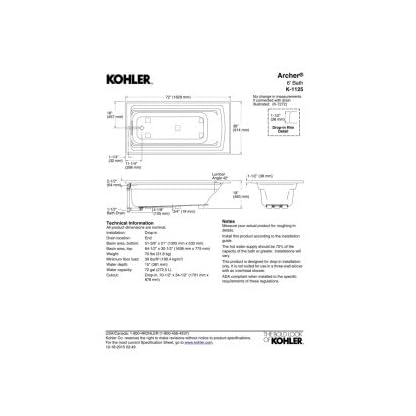 Kohler k-1125-0 Tropf-Badewanne aus Acryl, mit wendbarem Abfluss, 1,8 m, Weiß – Bild 6