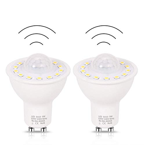 XINRISHENG GU10 PIR détecteur de Mouvement Ampoules LED 5W, 50W Jour équivalent 500lm Blanc 6000K Escaliers Garage Couloir Walkway Hall d'entrée-2Pack,Day White 6000k Cover