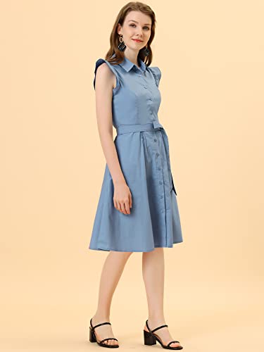 Image of Allegra K Women's Ruffled Sleeve Casual Office Dress Tie Waist Button Down Cotton Shirt Dresses Small Dusty Blue