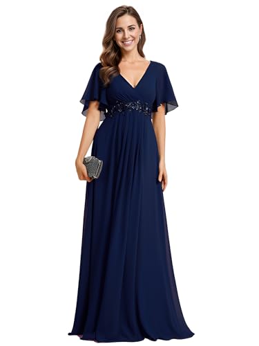 Ever-Pretty Damen Abendkleid Lang Elegant für Hochzeit Appliziertes V-Ausschnitt A-Linie Ballkleider Chiffon Brautjungferkleider Navy Blau 46