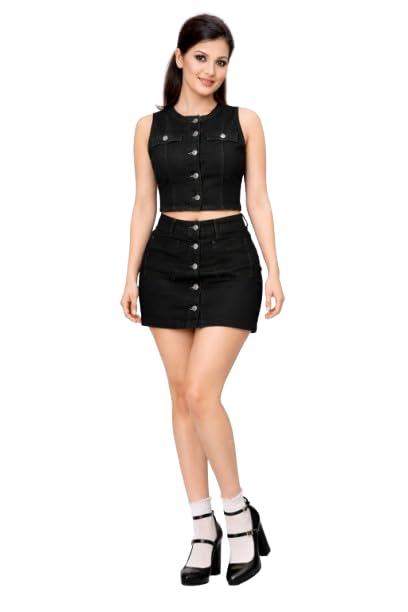 Women’s Black Denim Co-Ord Set – Sleeveless Button Front Crop Top & High Waist Mini Skirt with Gold Metal Buttons | Trendy Two Piece Denim Outfit for Casual, Party (34)-picture-36