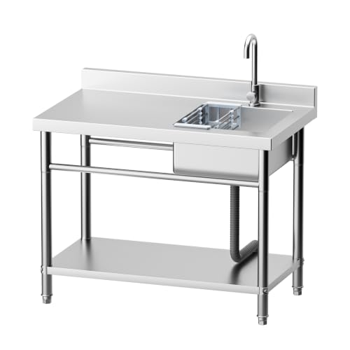Image of 39.4in Freestanding Stainless Steel Utility Sink with Side Workbench