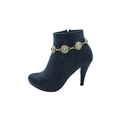 TrendyFashionJewelry TFJ Women Western Boot Chain Metal Bling Bracelet Cowgirl Anklet High Heel Truqoise Blue Flower Charm Antique Gold Color Cover
