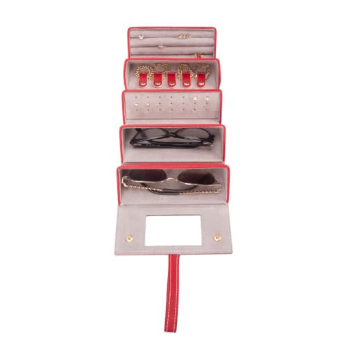 Image of Brouk & Co Leah 5 Eyewear & Jewelry Case - Pebbled Vegan Leather, Foldable Case, Snap Closure, Hanging Loop, Interior Mirror, 5 Compartments: Sunglasses and Jewelry (Red)