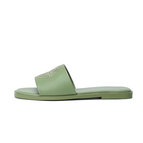 Stratuxx Kaze Womens Flat Sandals Dressy Summer Slide with Memory Foam Comfortable Cute Leather Green Sandals for Women — view 5