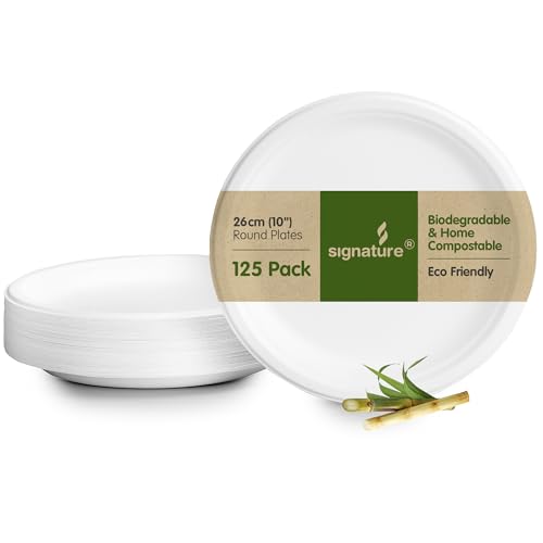 Heavy Duty Strong Home Compostable Eco-Friendly 10â€ (26cm) Bagasse Large Plates Made from Natural Sugar Cane Fibres. Perfect for buffets, BBQ, Parties, Corporate Events. 125 Plates per Pack