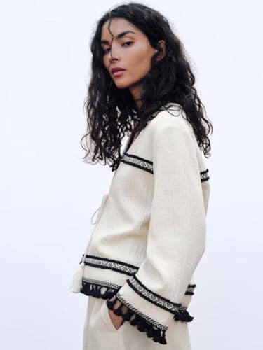 Women's Vintage V-Neck Cardigan Graphic Stripe Printed Long Sleeve Tassel Hem Elegant Women's Tops4