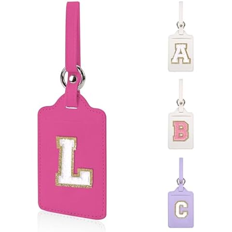 Personalized Initial Luggage Tags for Suitcases, Leather Chenille Letter Cute Luggage Tags with Privacy Name Card, Embroidered Travel Bag Backpack Tags Gifts for Women Kids Girls Teens(Rosered-L) Cover