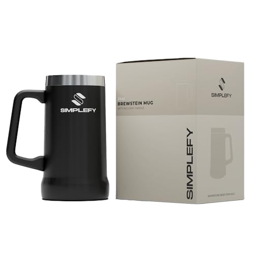 SIMPLEFY Adventure Beer Stein Mug with Big Grip Handle 24oz Insulated Stainless Steel Tumbler with Large Grip Handle, Keeps Beer Cold for Hours, BPA-Free, Holds 2 Cans, Durable Party Drink Cup