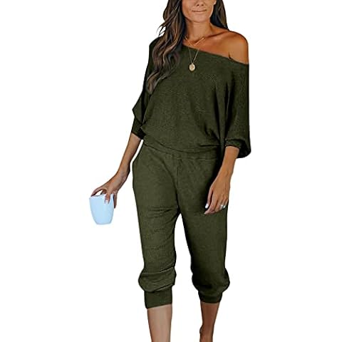 PRETTYGARDEN Women's 2 Piece Ribbed Loungewear Outfits Off Shoulder Long Sleeve Pullover Long Pants with Pockets, Army Green, Medium Cover