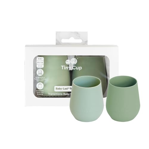 ezpz Tiny Cup 2 Pack (Sage/Olive) - 100% Silicone Training Cup for Infants - 4 months + - Designed by a Pediatric Feeding Specialist - Baby-led Weaning Essentials & Baby Gifts
