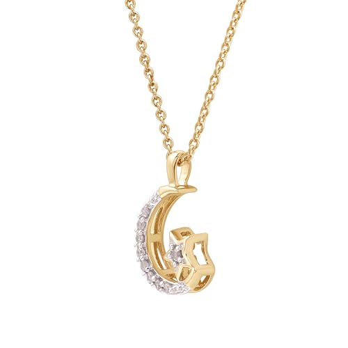GILDED 10K White Gold & Diamond Necklace with Moon & Star Pendant, Natural Round-Cut Diamonds and 18" White Gold Rope Chain, 1/10 Carat Total Weight Diamonds,14K Yellow Gold Over Sterling Silver and 18" Cable Chain & Elegant Gift Box Included2