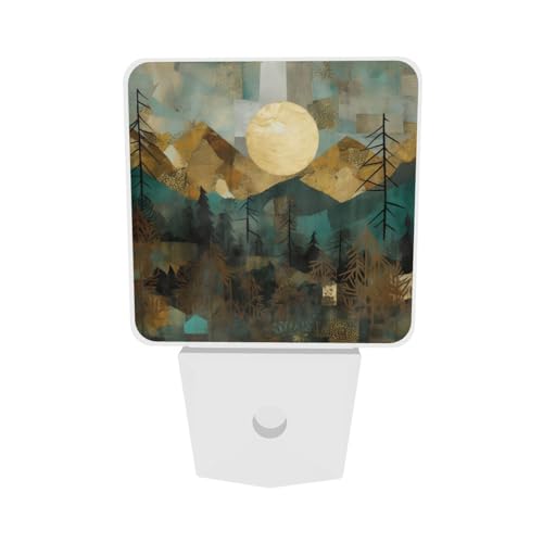 Image of Mountain Sun Trees Landscape LED Plug-in Night Lamp 2 Piece Set, Auto Sensor Emergency Painting Colorful Nightlights Set of 2 for Dawn Bedroom Bathroom Night