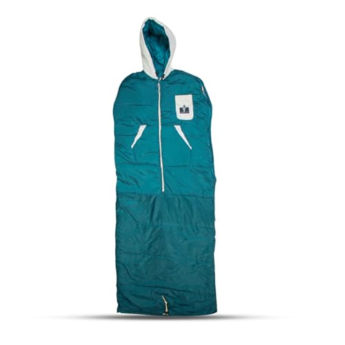 Thermotuff Wearable Sleeping Bag with Dual Hoodie, Zippered Arm Holes, Pockets & Adjustable Drawstring - Ideal for Camping, Cold Weather Hiking, and Stadium Sak Blanket (Teal & White L-XXL)
