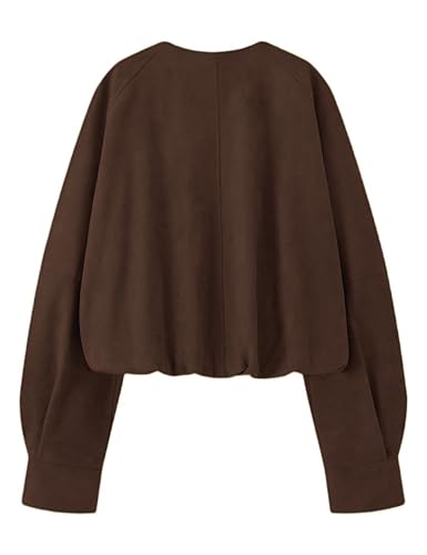 Women’s Cropped Faux Suede Jacket Crew Neck Button Down Outerwear Long Sleeve Oversized Bomber Jacket2