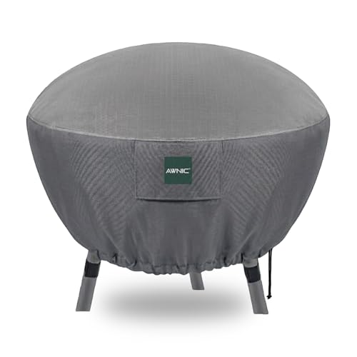 Image of AWNIC Deep Fire Pit Cover Round Waterproof Heavy Duty - Ripstop Fabric Top with Windproof Straps, Tall Fire Bowl Cover with Air Vent - Grey (Ø80x50cm)