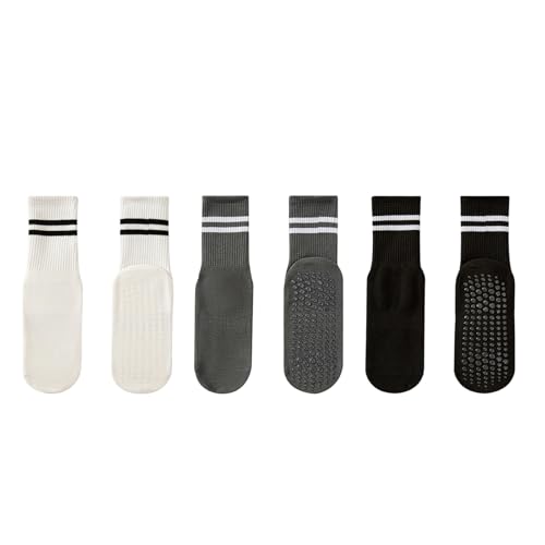 Psdndeww 3/4 Pares De Calcetines Deportivos Para Mujer Con Empuñaduras Antideslizantes Hasta Tobillo Rayas Dobles De Algodón Para Pilates Y Fitness Danza Antideslizante Yoga